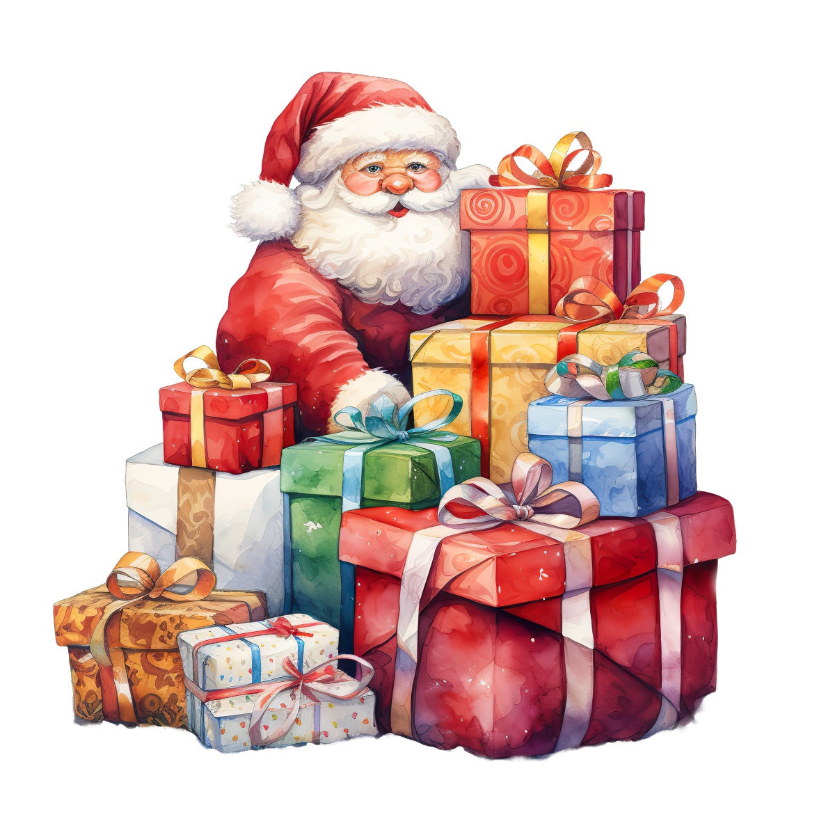 Santa Claus in a red suit surrounded by colorful wrapped gifts and presents.