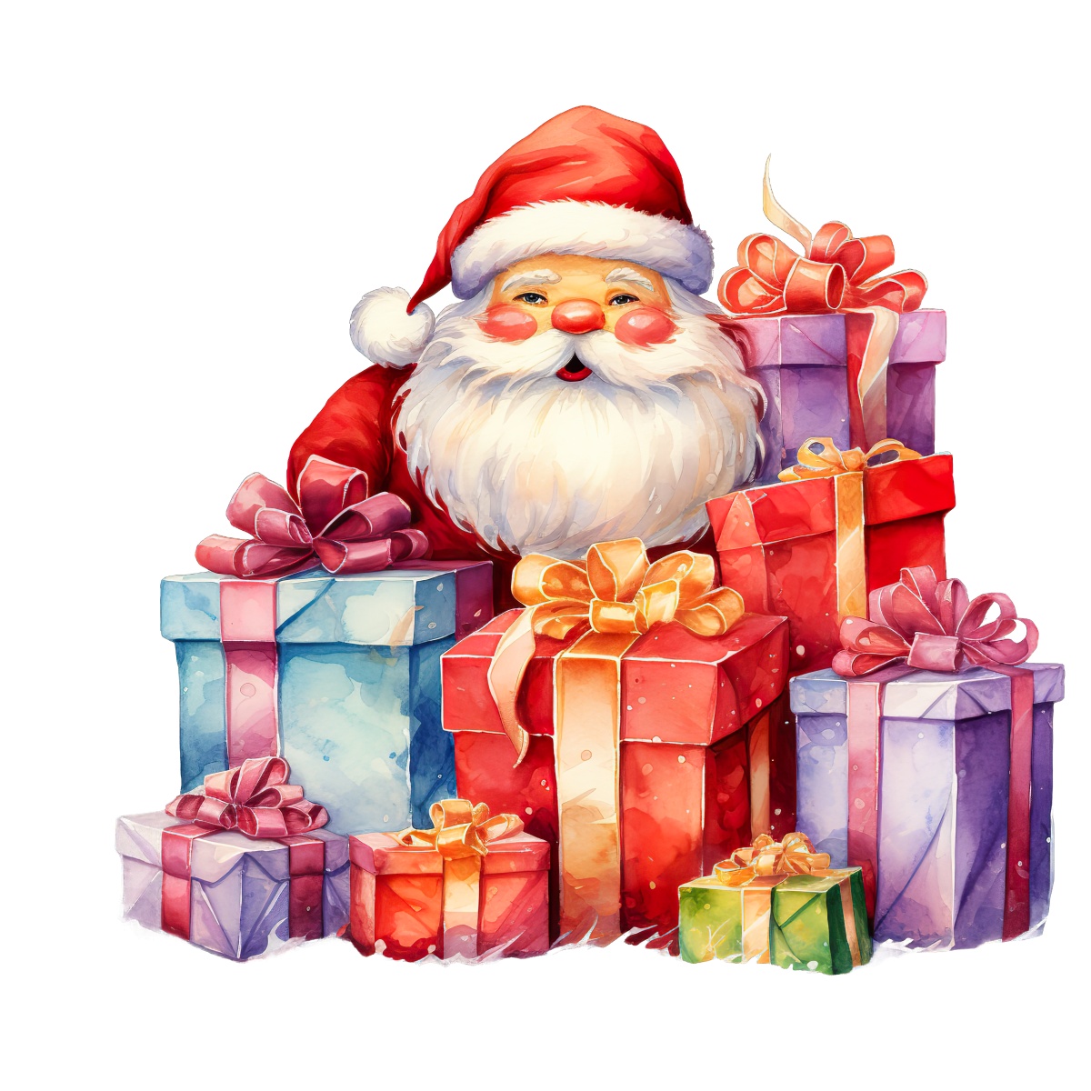 Santa Claus with a variety of colorful wrapped gift boxes and ribbons.