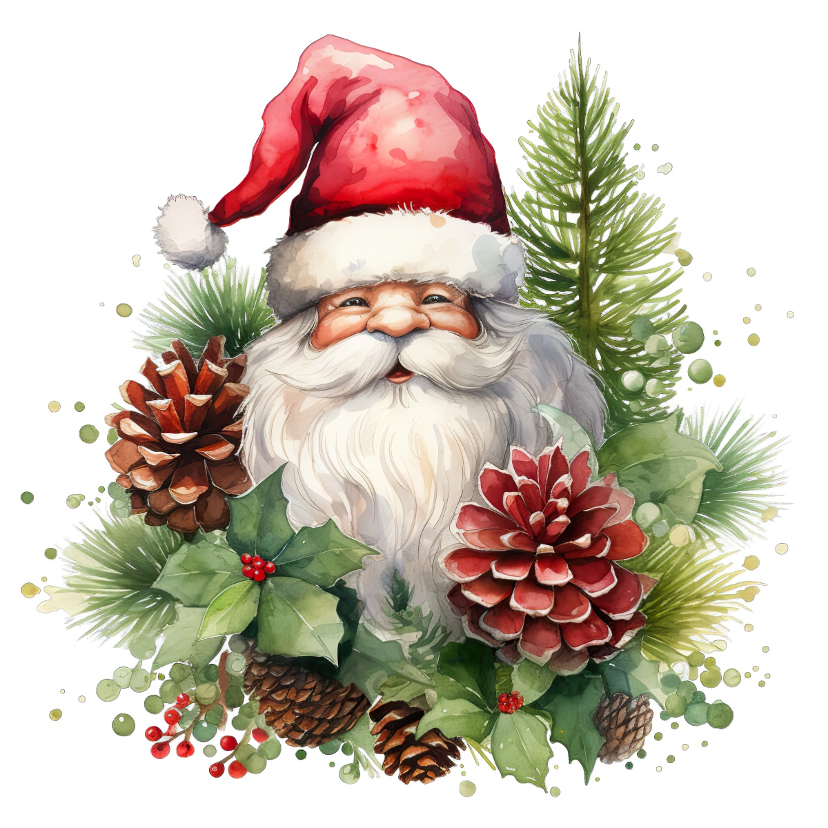 Santa Claus illustration with pinecones, holly, and greenery for Christmas.