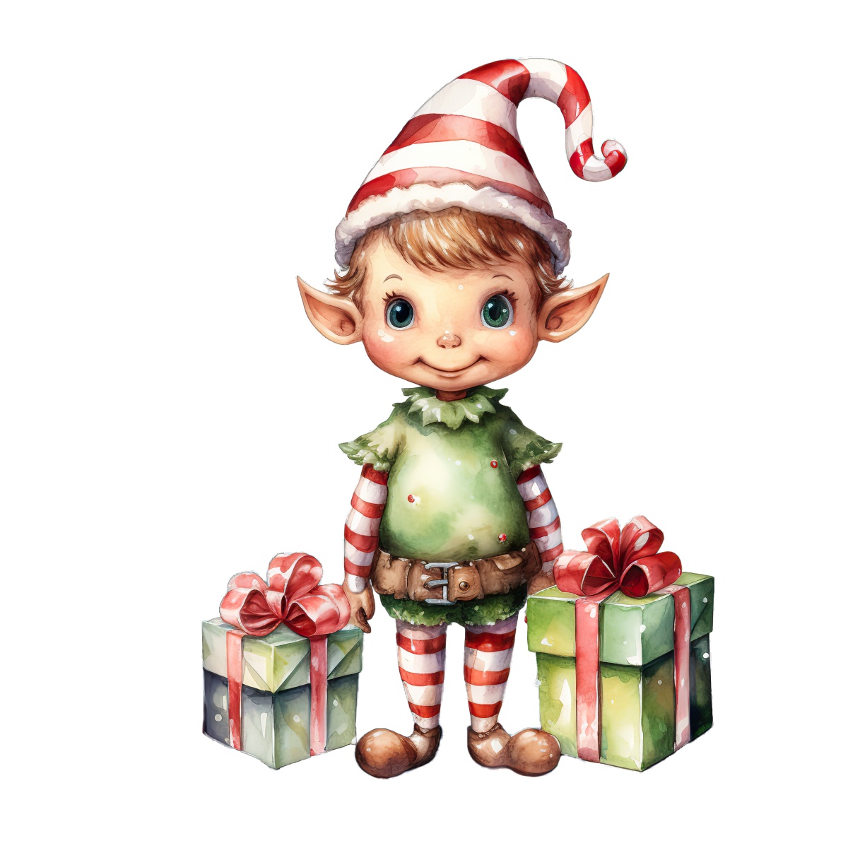 Santa's elf with striped hat and outfit holding Christmas presents.