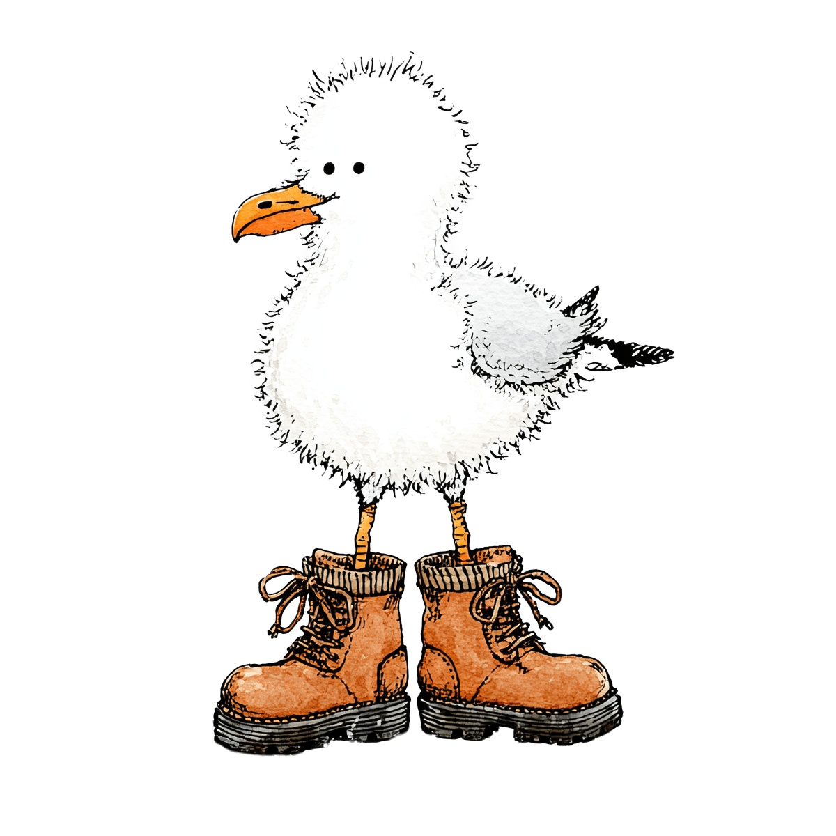 Seagull with white feathers and orange beak wearing brown boots.