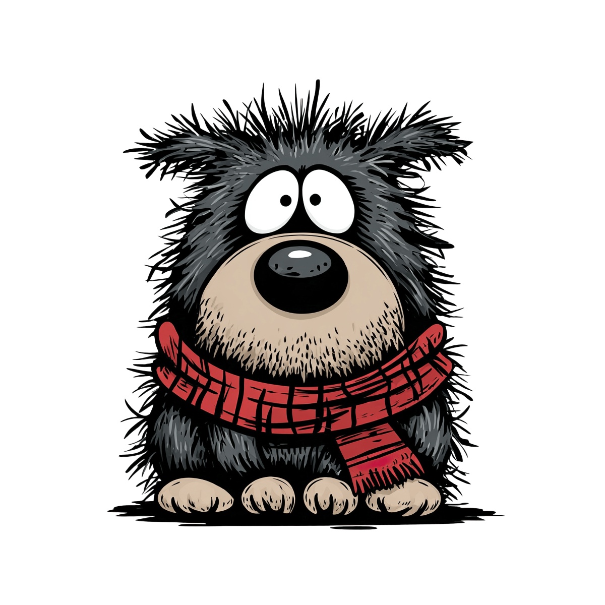 Shaggy black dog wearing a red scarf with large eyes and a black nose.