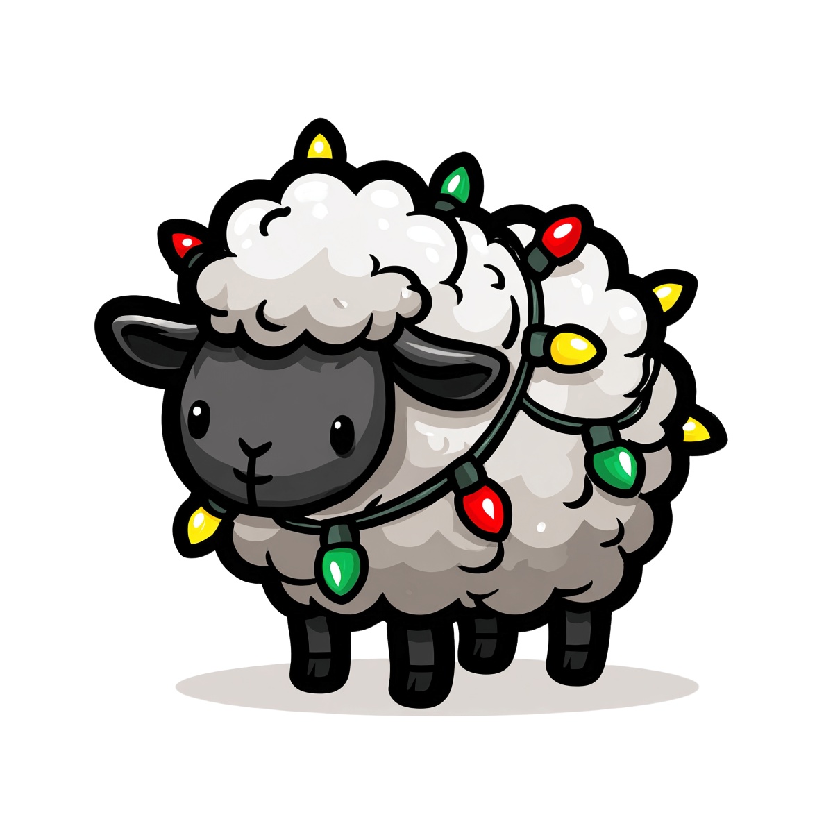 Sheep with black face and festive colored lights in cartoon style.