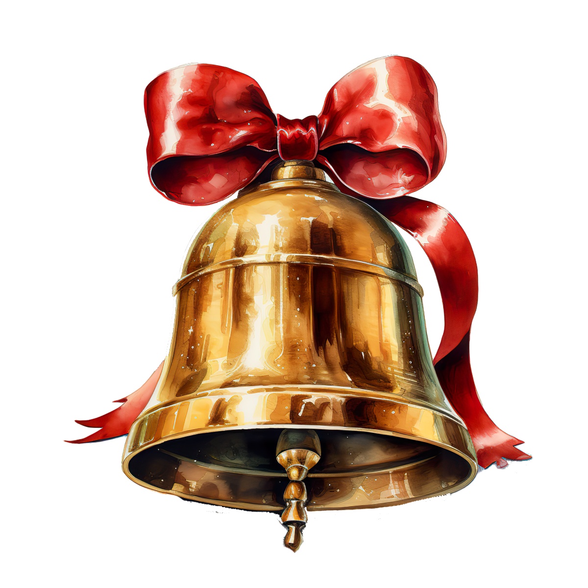 Gold bell with a large red ribbon, suitable for festive holiday decoration.