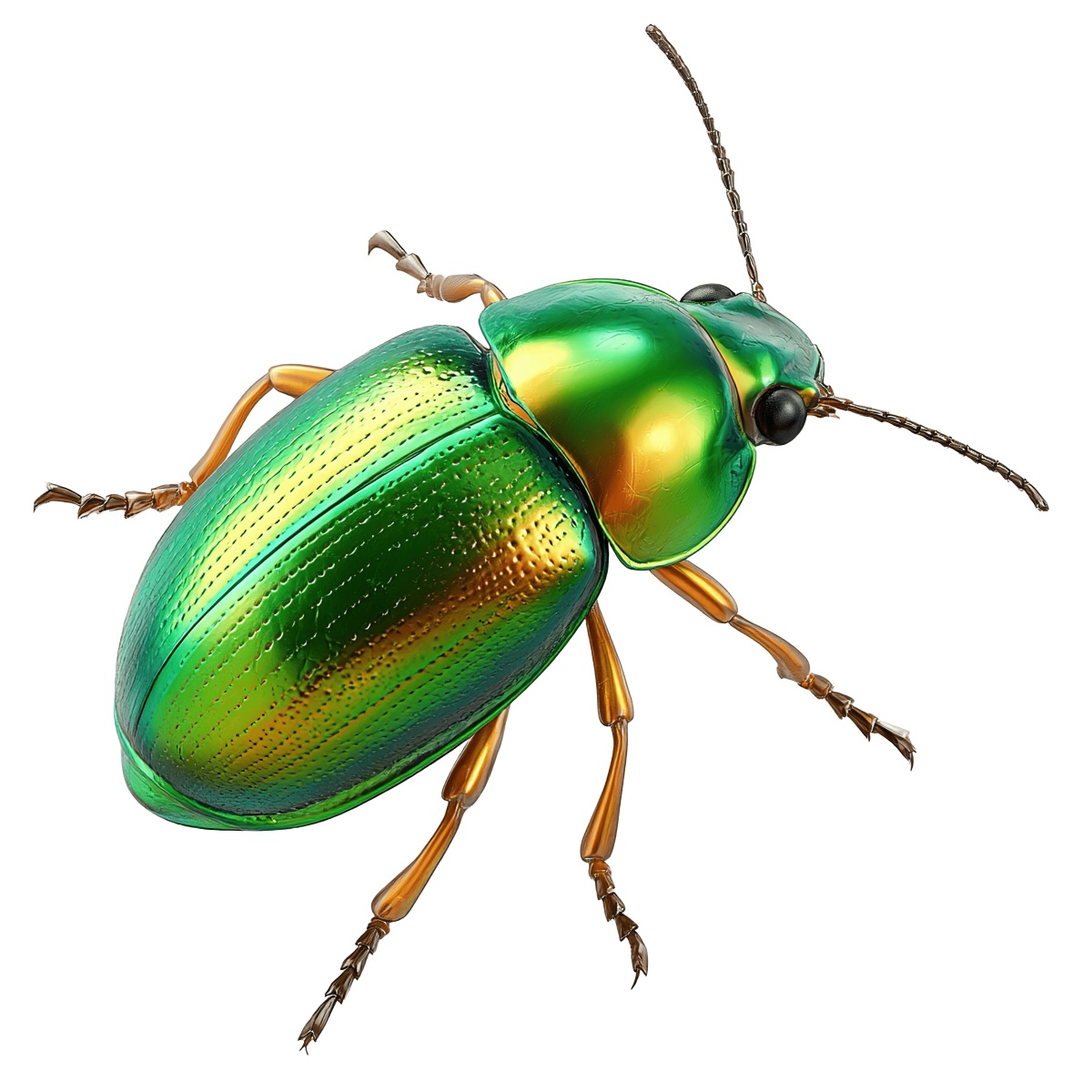 Shiny green beetle with orange legs.