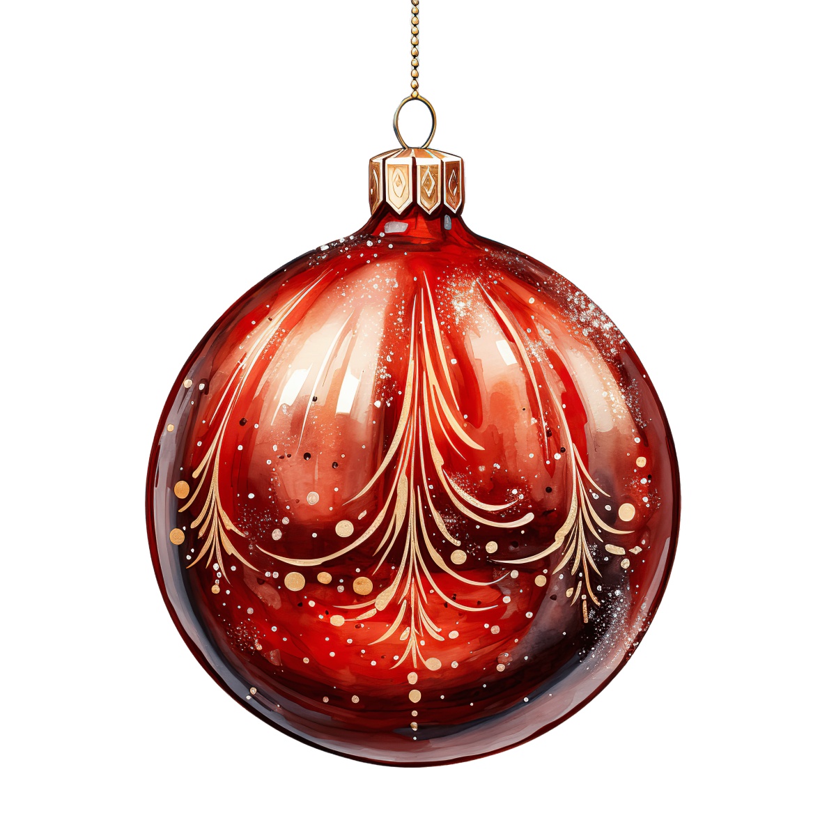 Red Christmas ornament with gold patterns hanging on a chain.