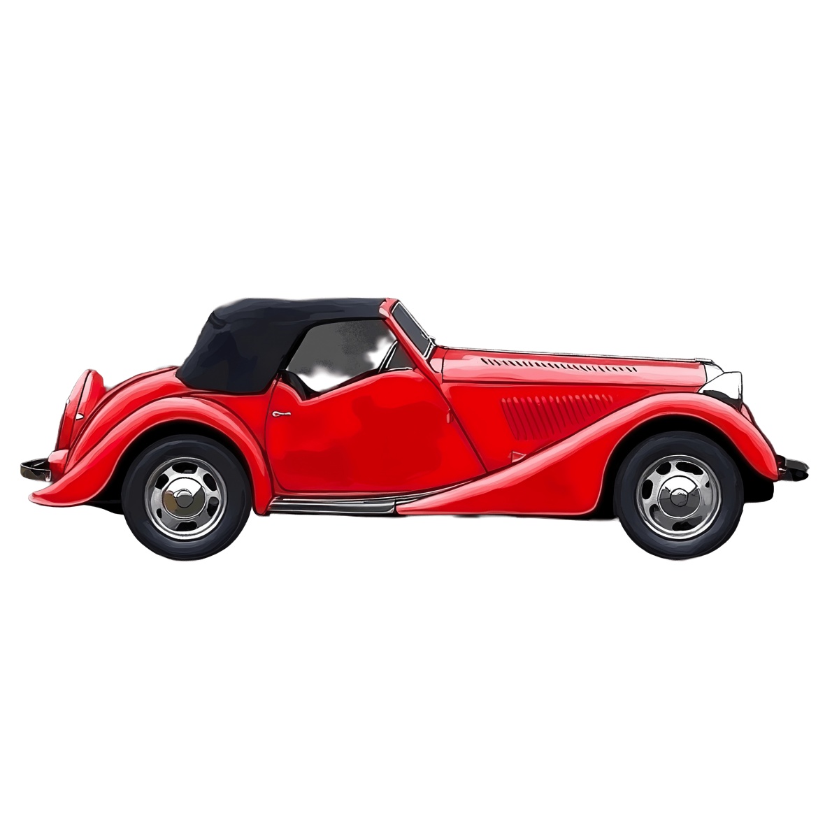 Red classic convertible car with a black soft top in side view.
