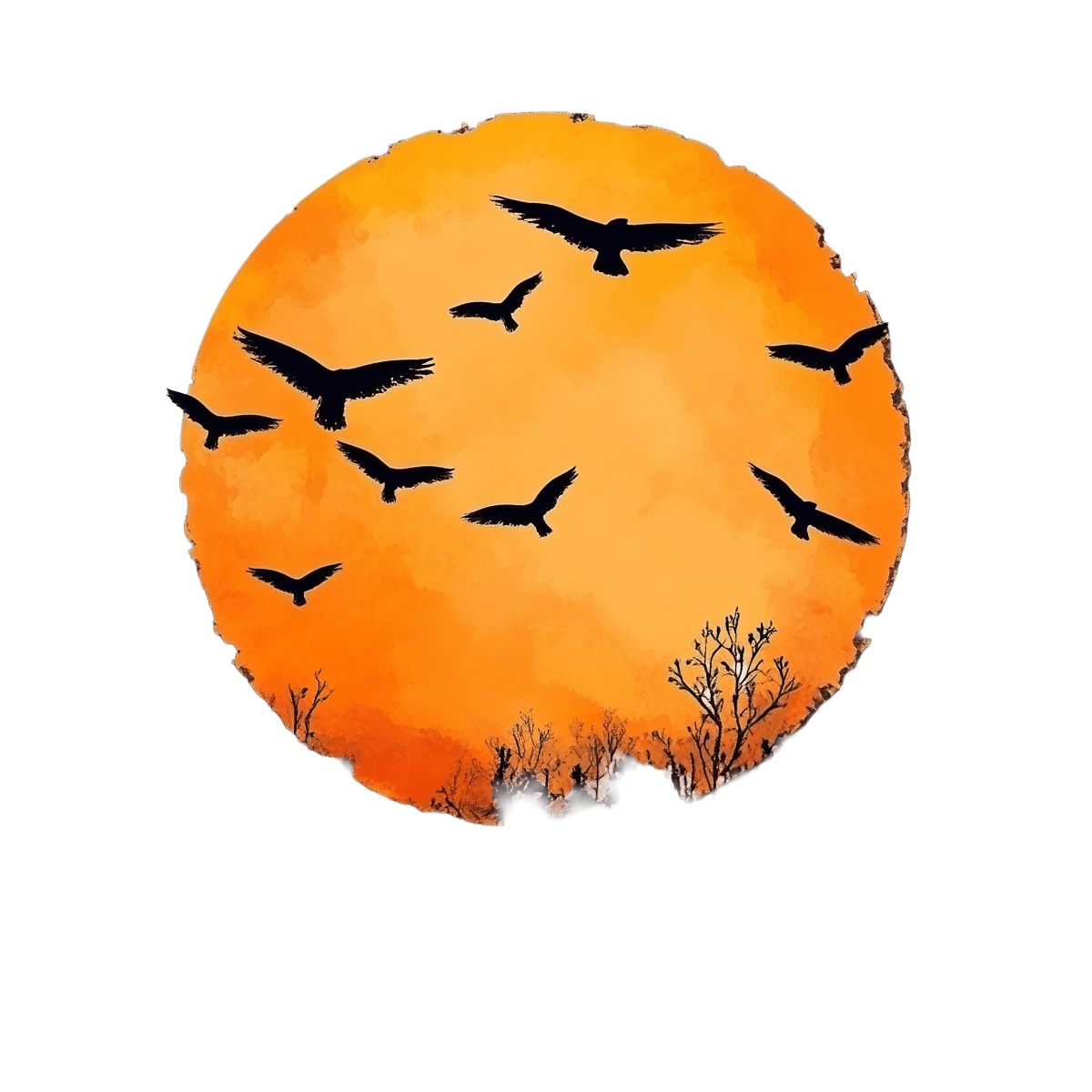 Silhouettes of birds flying across an orange sunset sky with tree outlines.