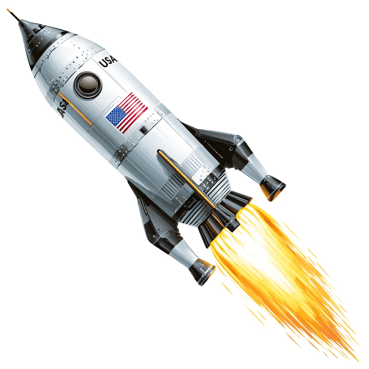 Silver rocket with USA flag and flames