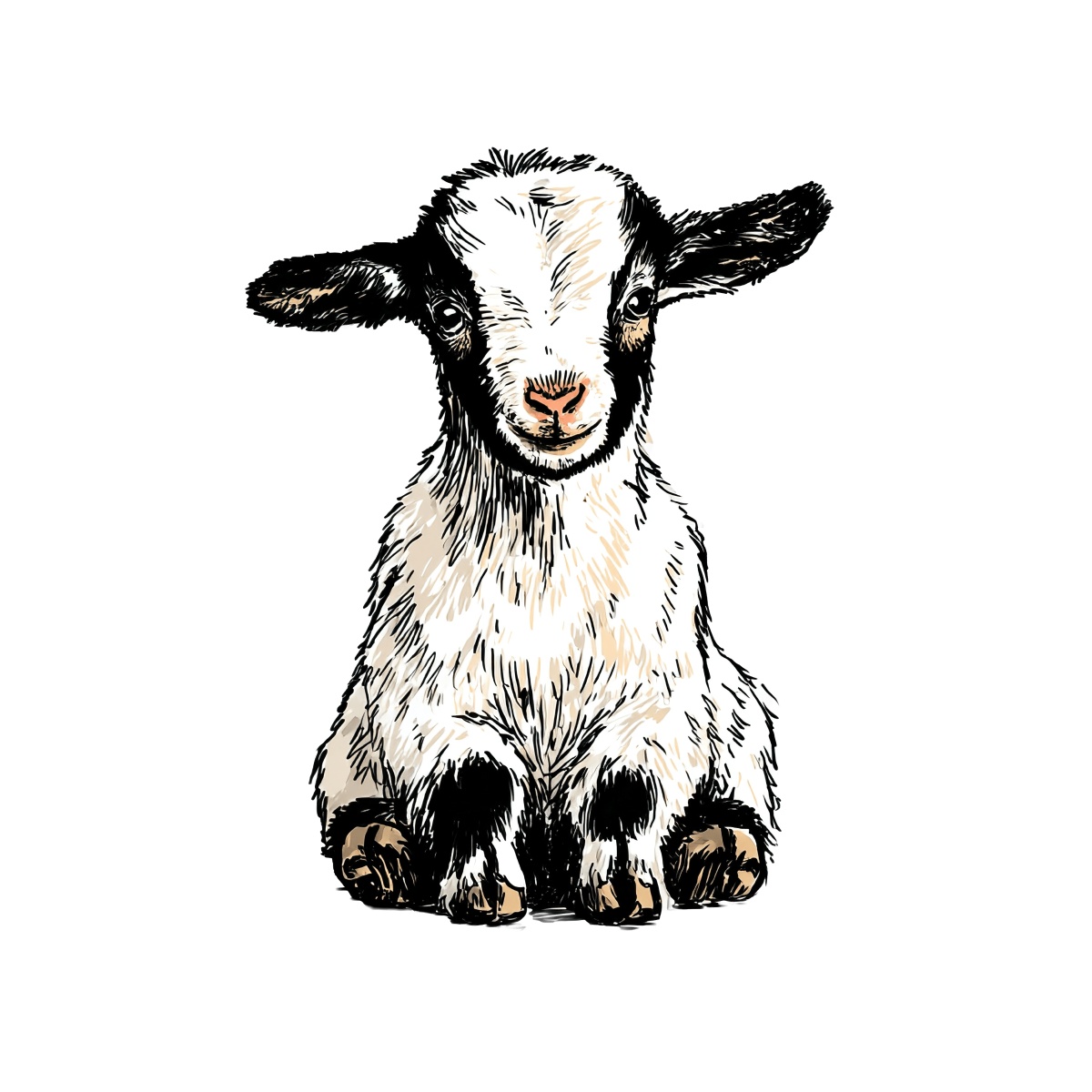 Black and white goat sitting with visible ears and subtle pattern.