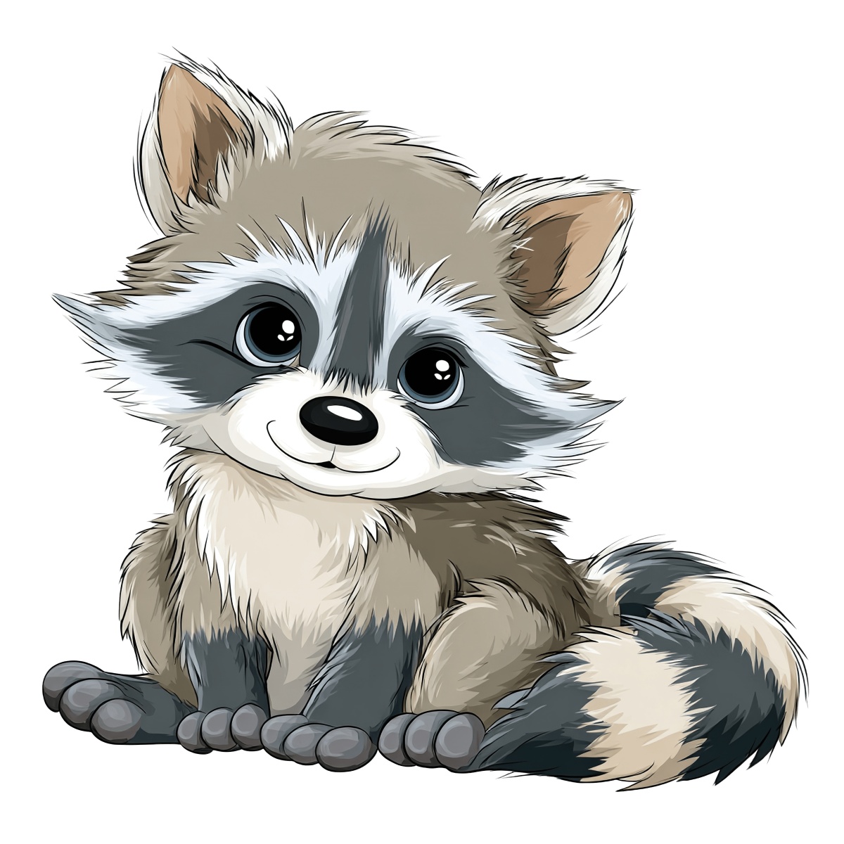 Cartoon raccoon sitting with fluffy grey fur and striped tail.