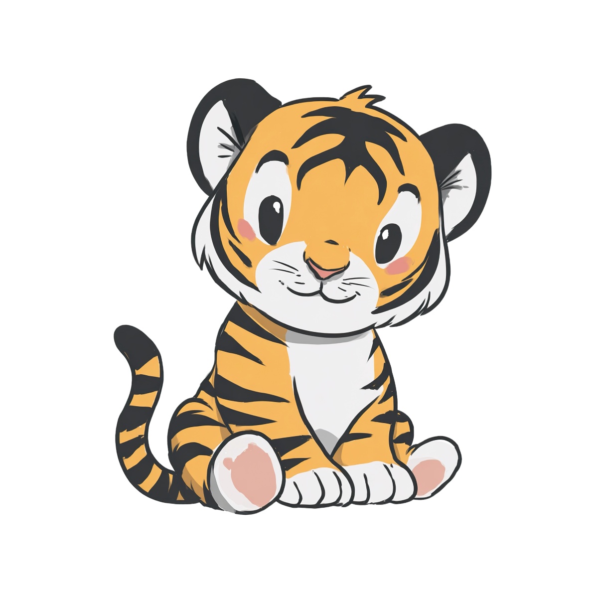 Tiger with orange and black stripes, sitting, cartoon style illustration.
