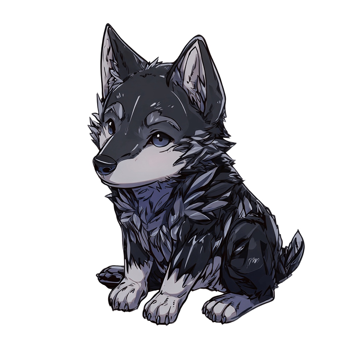 Wolf pup illustration with black and white fur, sitting in a simple pose.