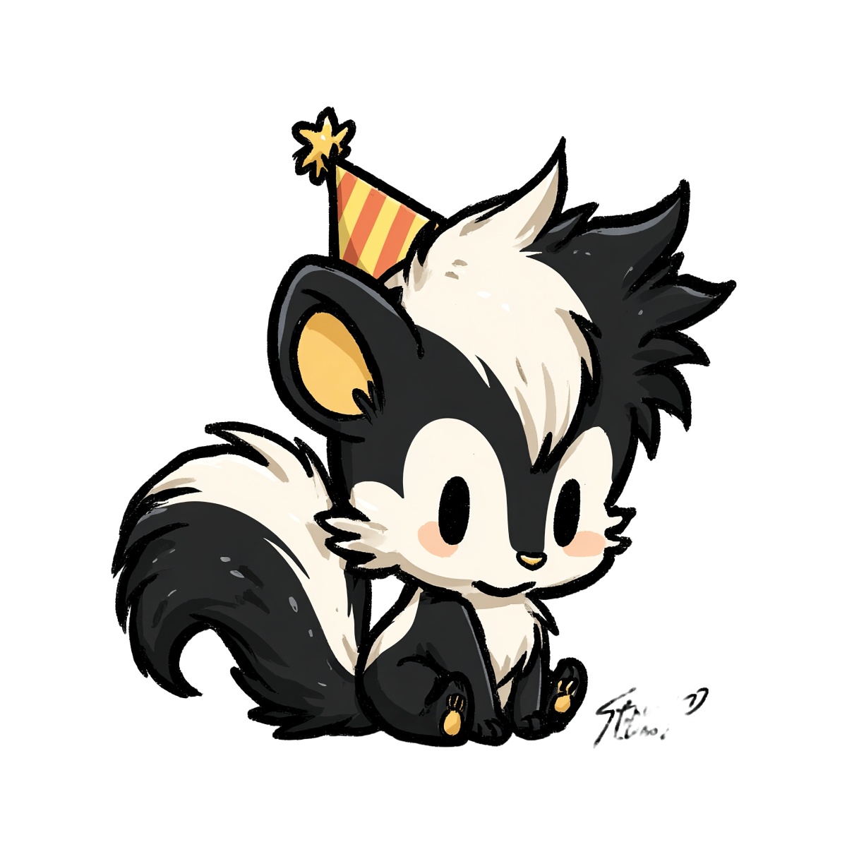 Skunk in party hat with black and white fur pattern.