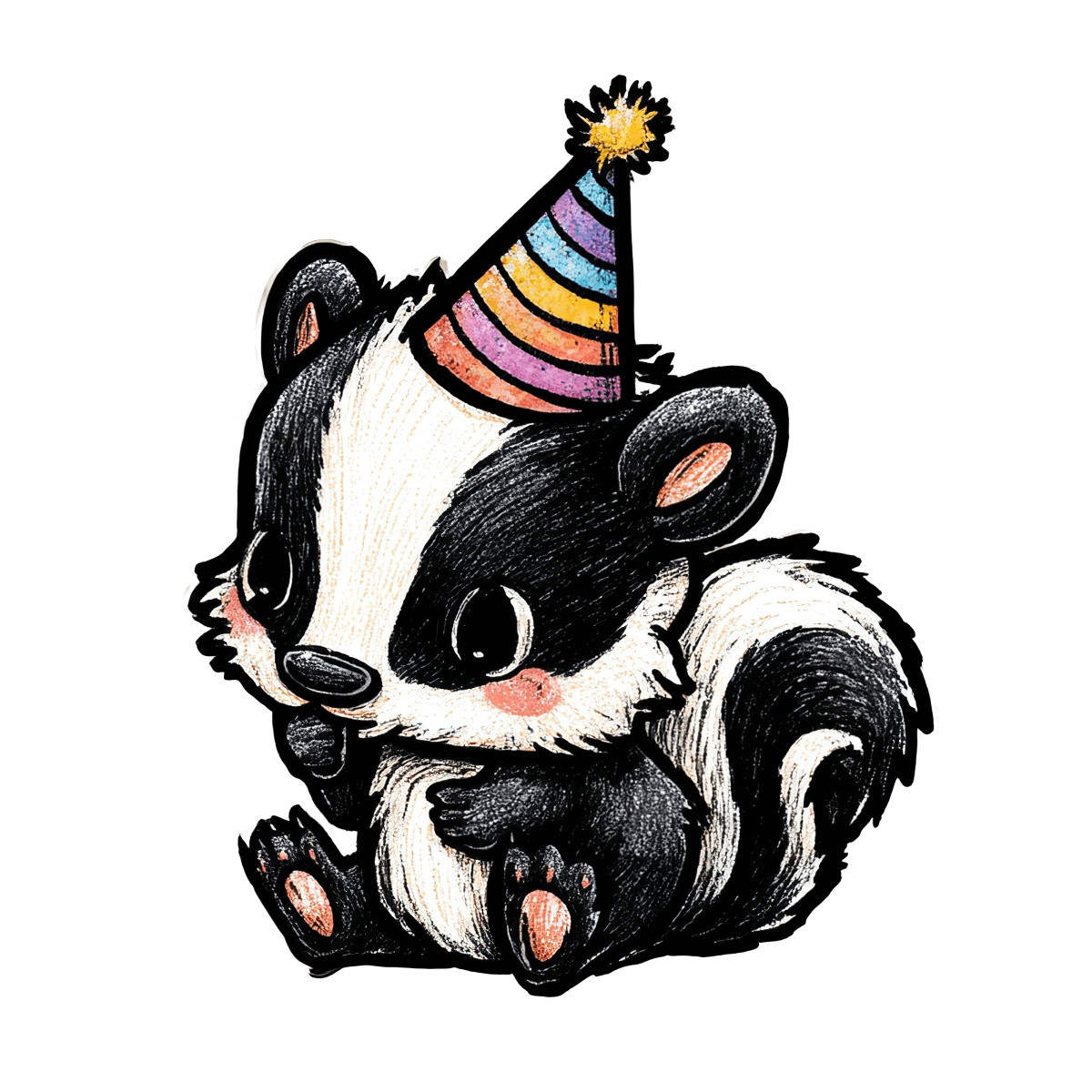 Skunk with black and white fur wearing a rainbow party hat.