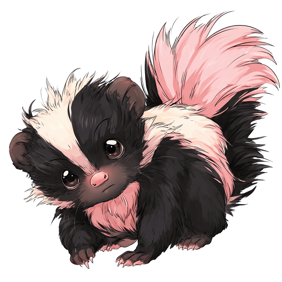 Skunk with black and pink fur, detailed illustration in a cartoon style.