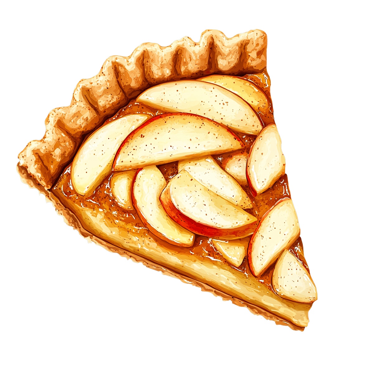 Apple pie slice with golden crust and sliced apples on top.