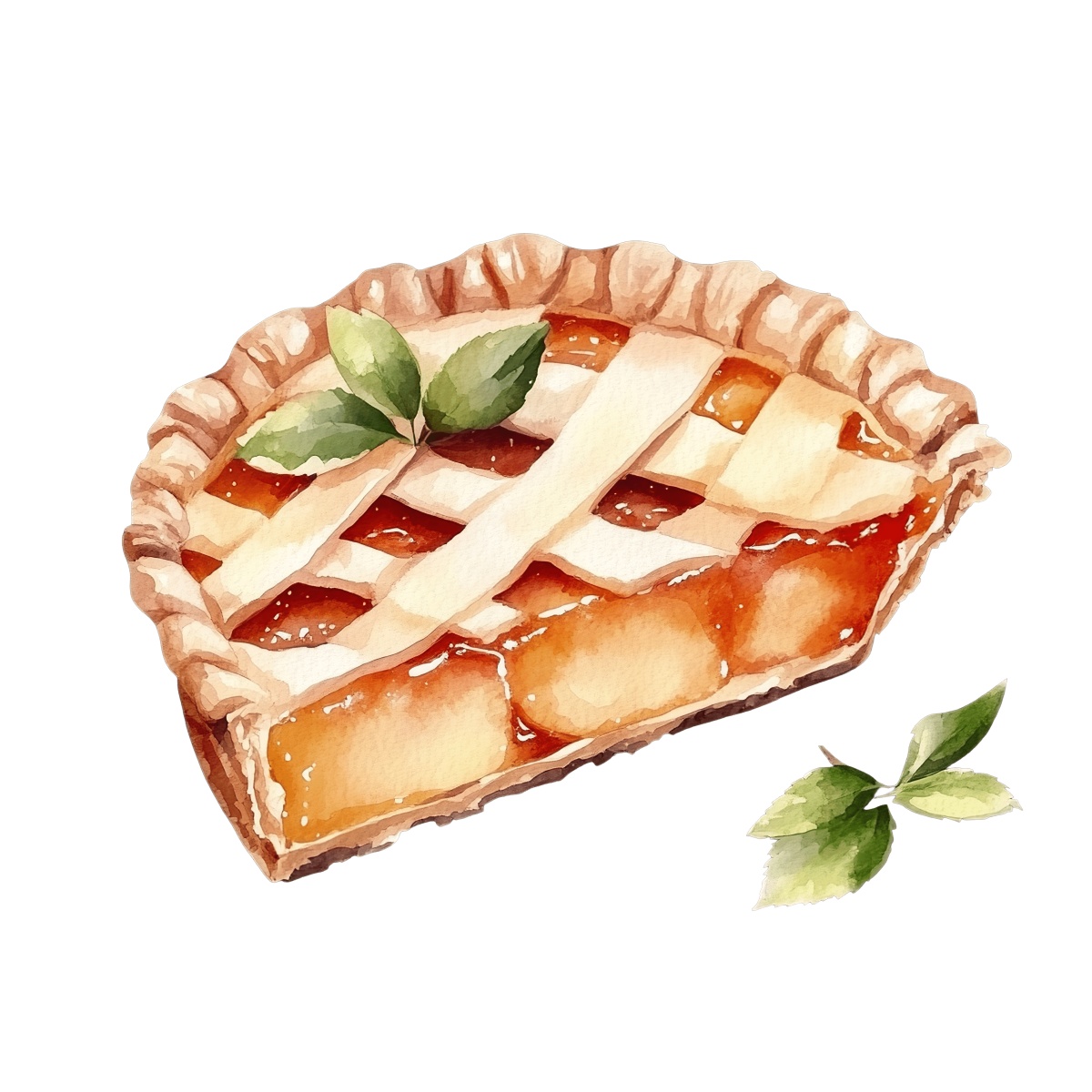 Watercolor slice of apple pie with lattice crust and green leaves.