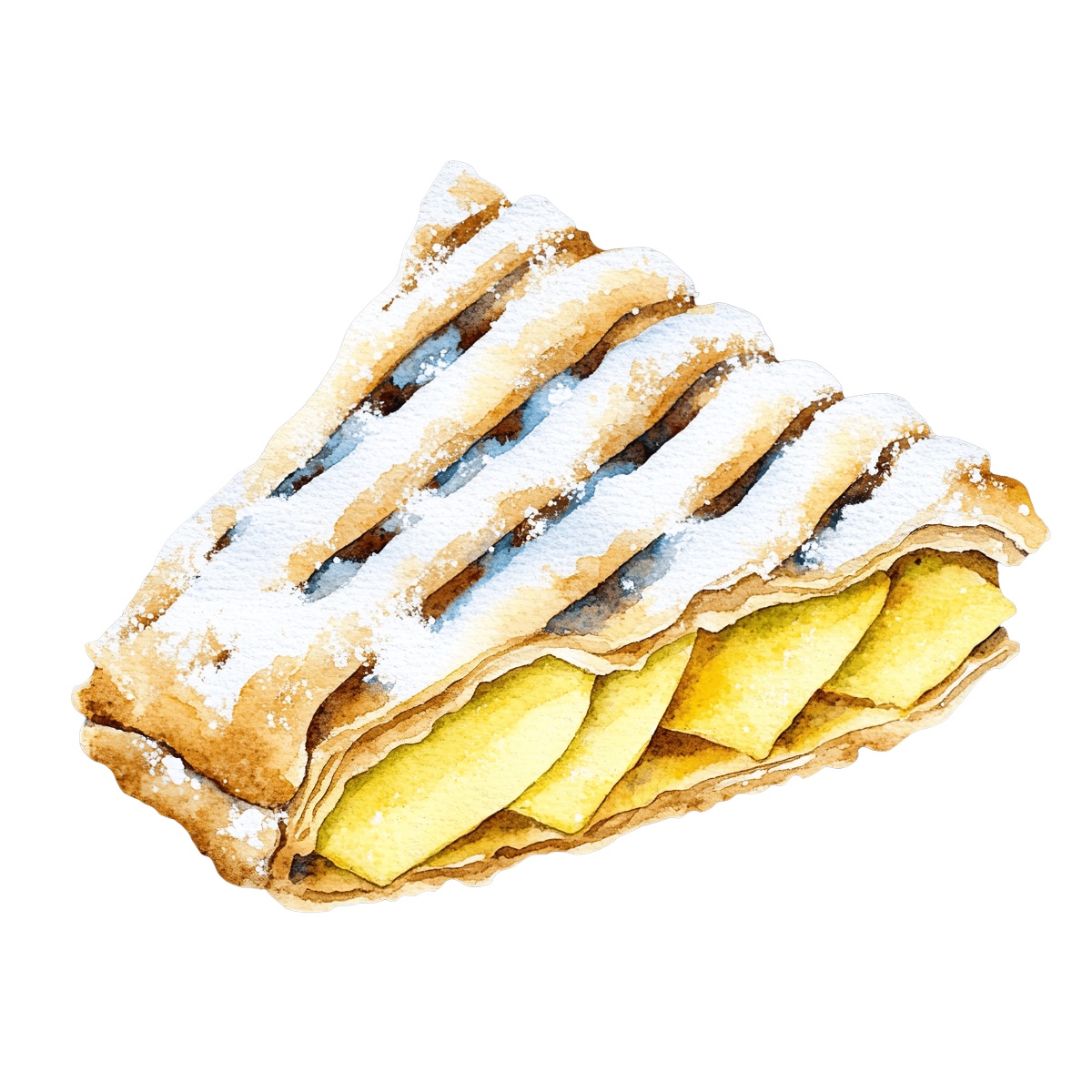 Apple strudel slice with powdered sugar.