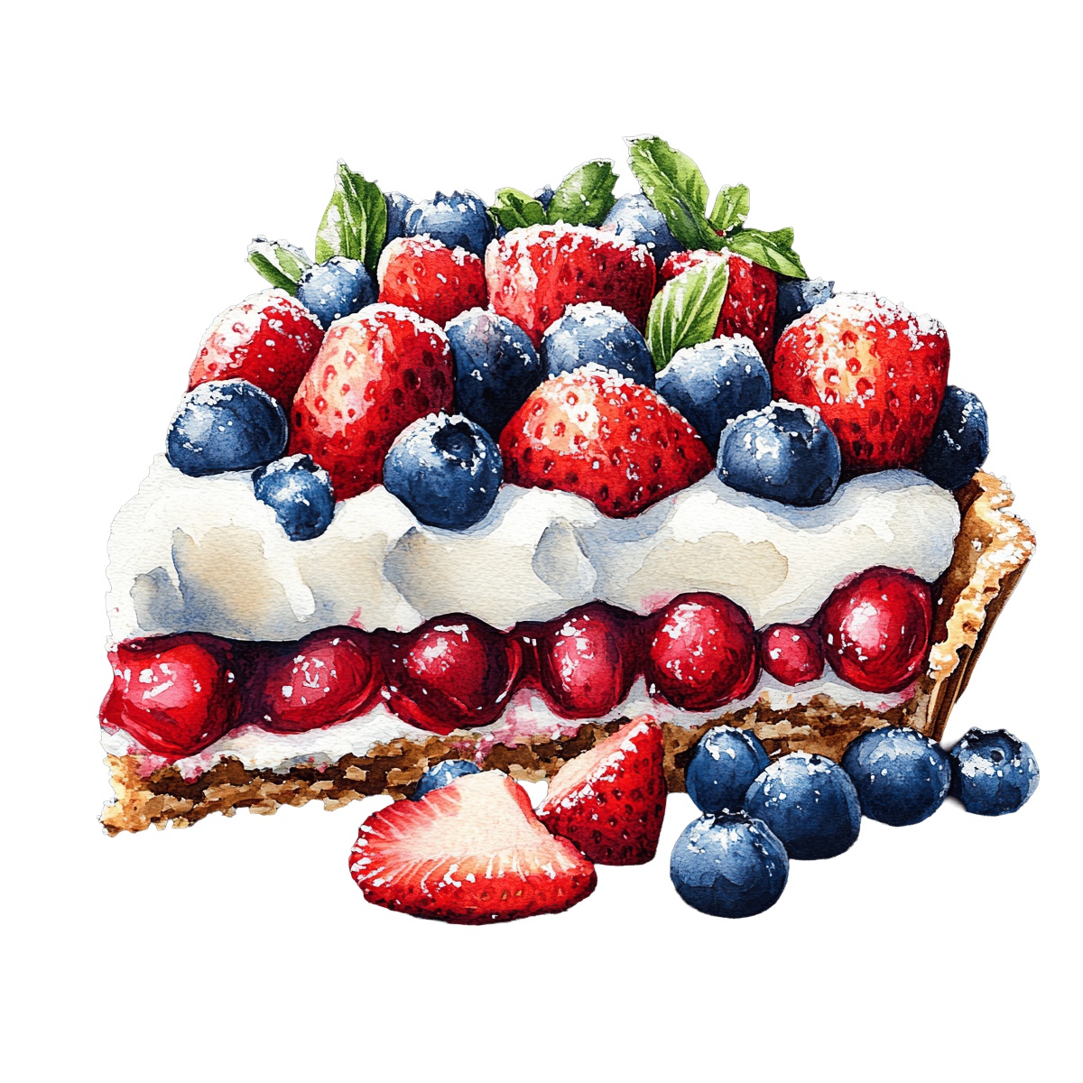 Slice of berry tart with strawberries and blueberries on top.