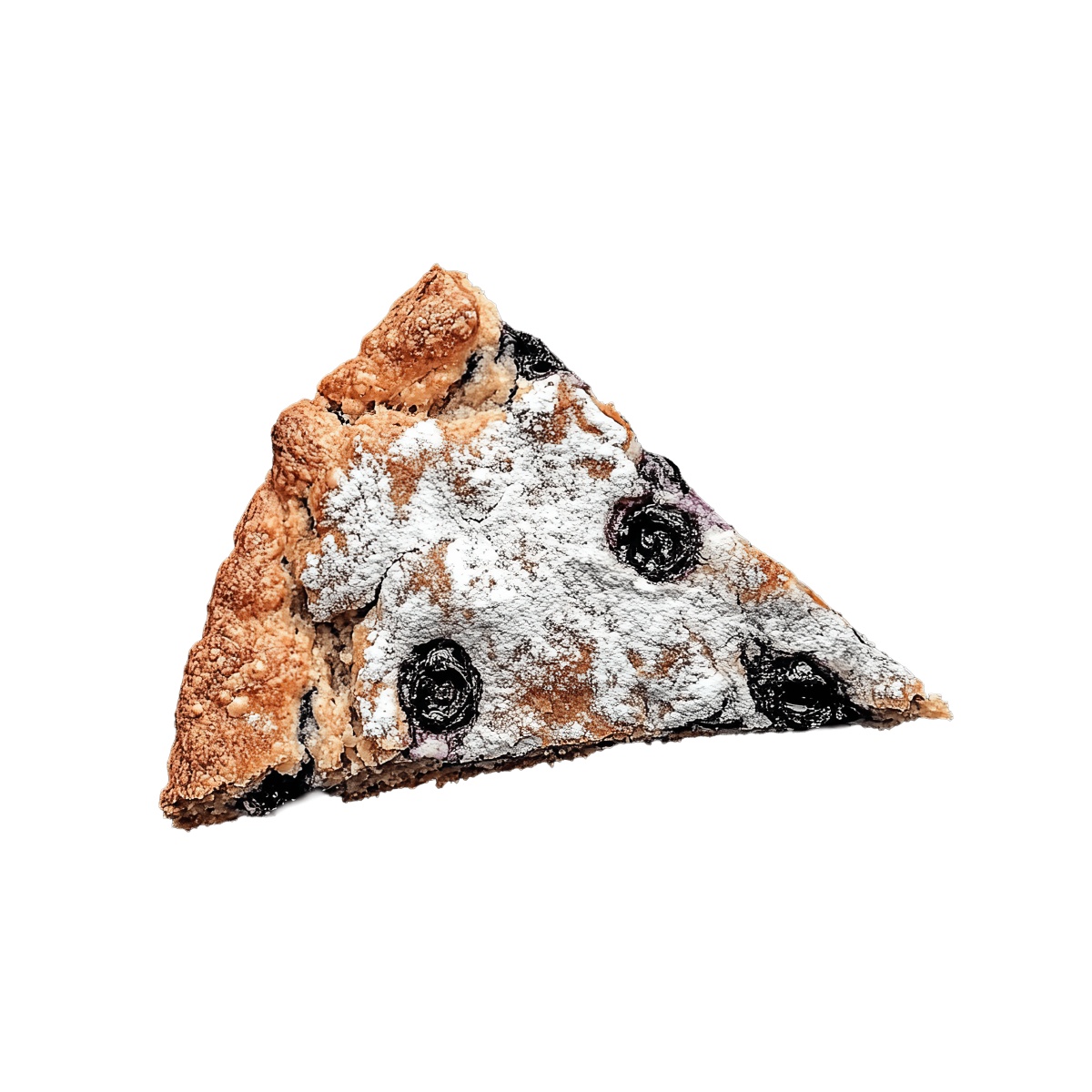 Slice of blueberry pie with powdered sugar.