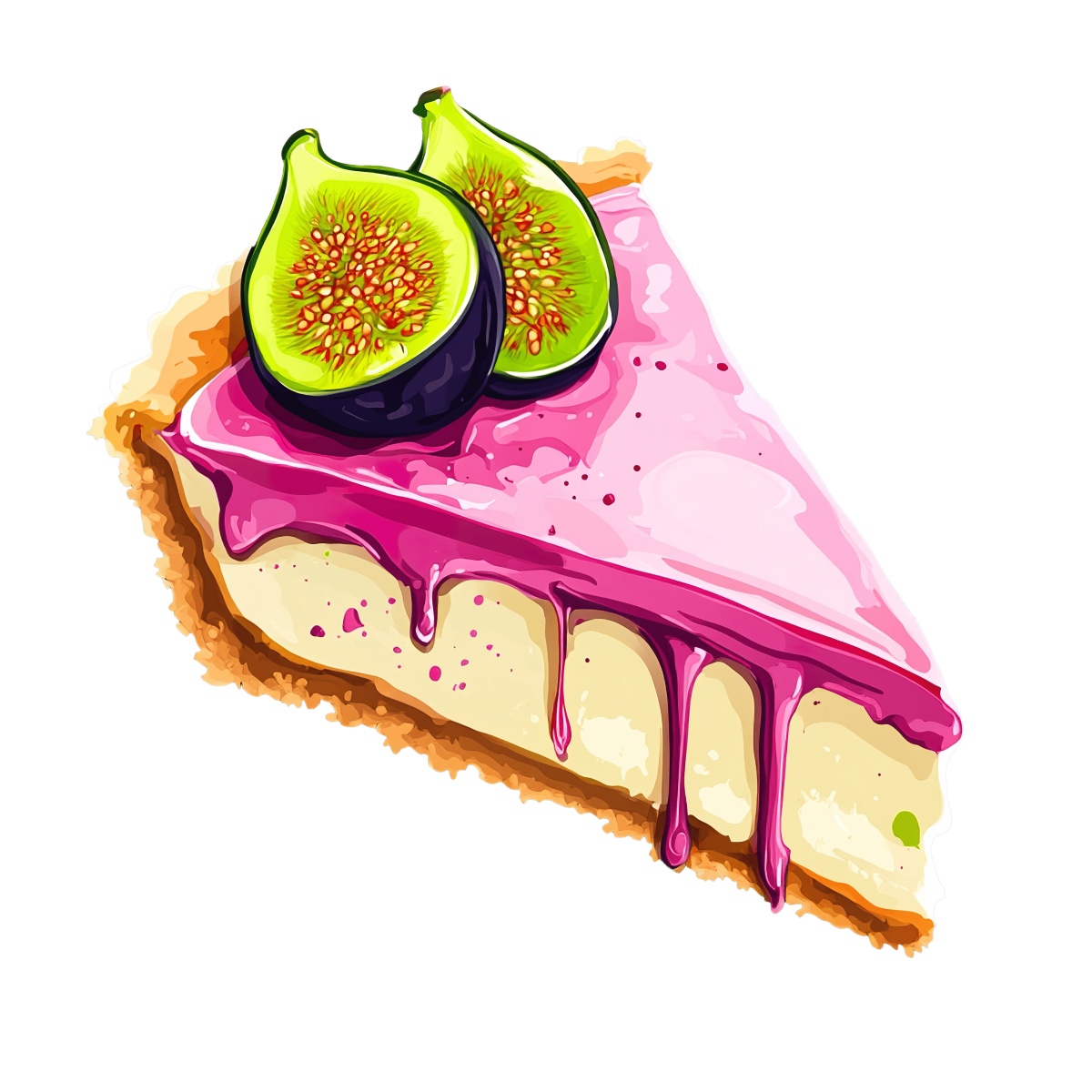 Cheesecake slice with figs and pink drizzle on top.