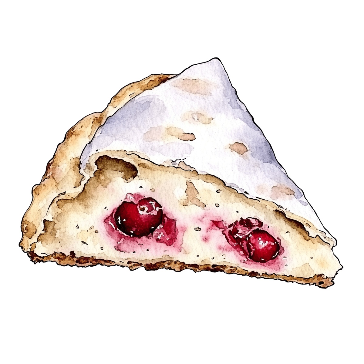 Slice of cherry pie with cherries and icing sugar topping.