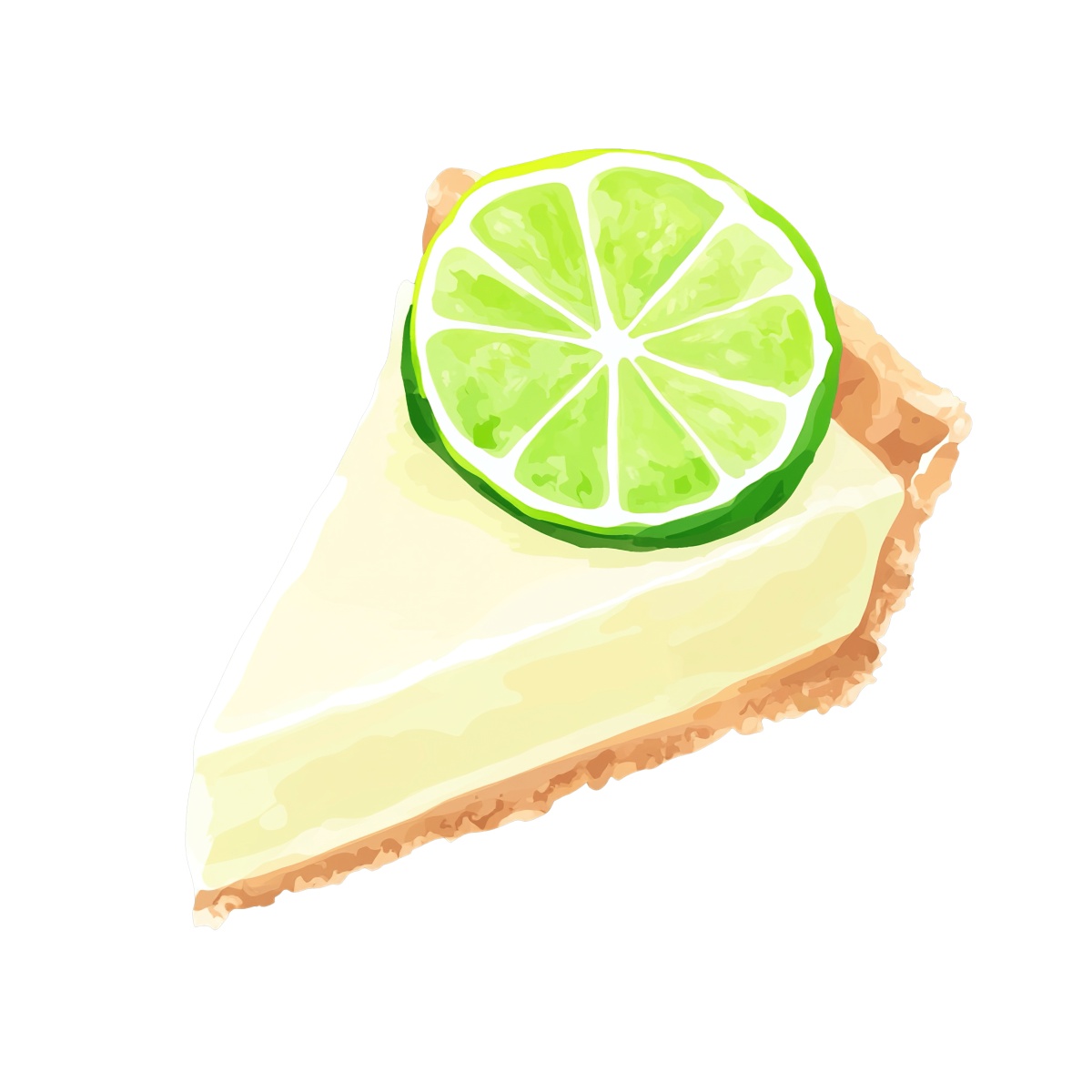 Key lime pie slice with a lime wheel on top.