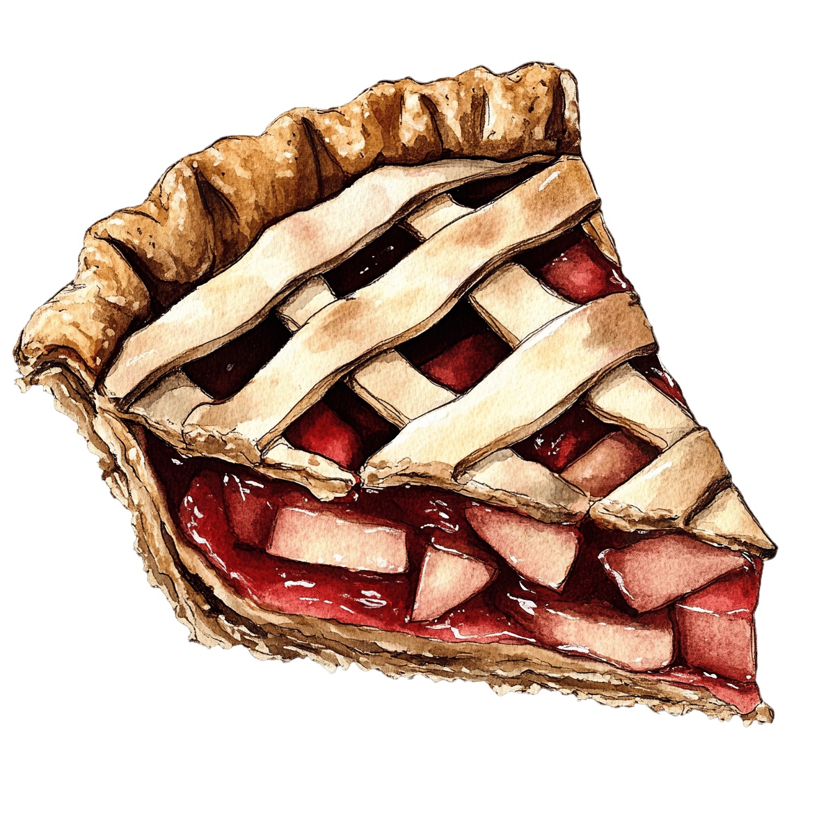 Slice of apple pie with lattice crust and red filling visible.