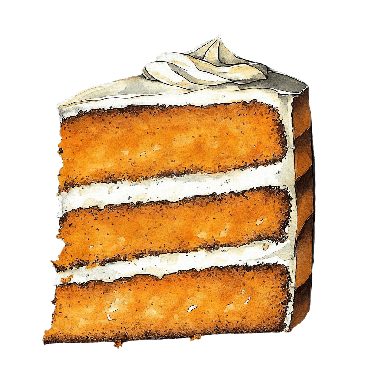 Three-layer carrot cake slice with cream frosting on top.