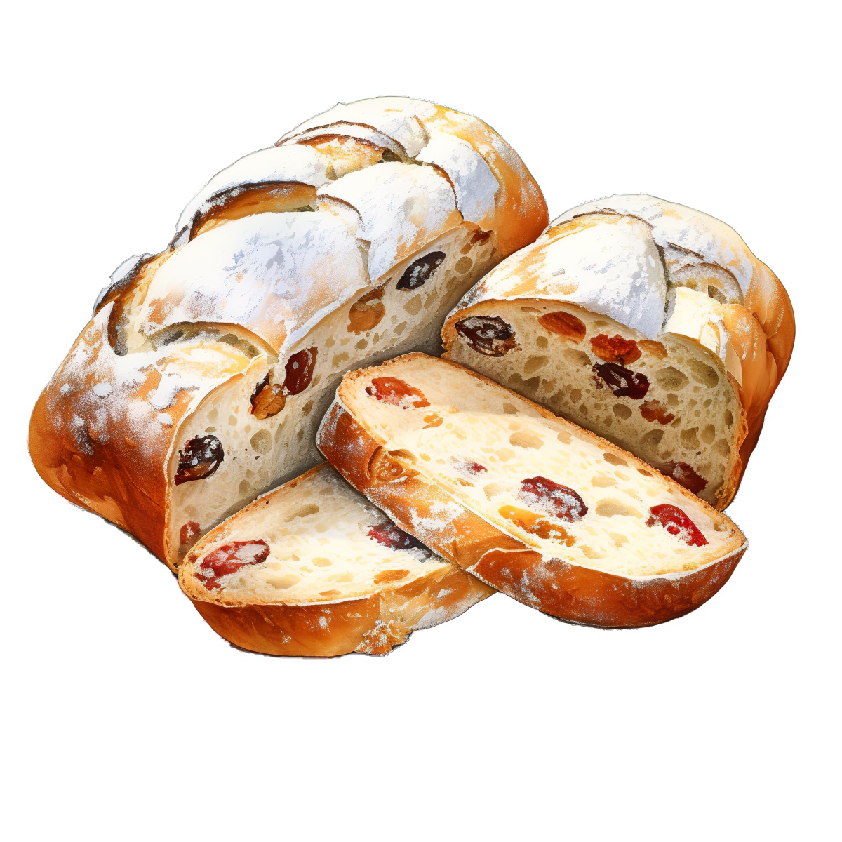 Braided fruit bread sliced to reveal raisins and sugar dusting on top.