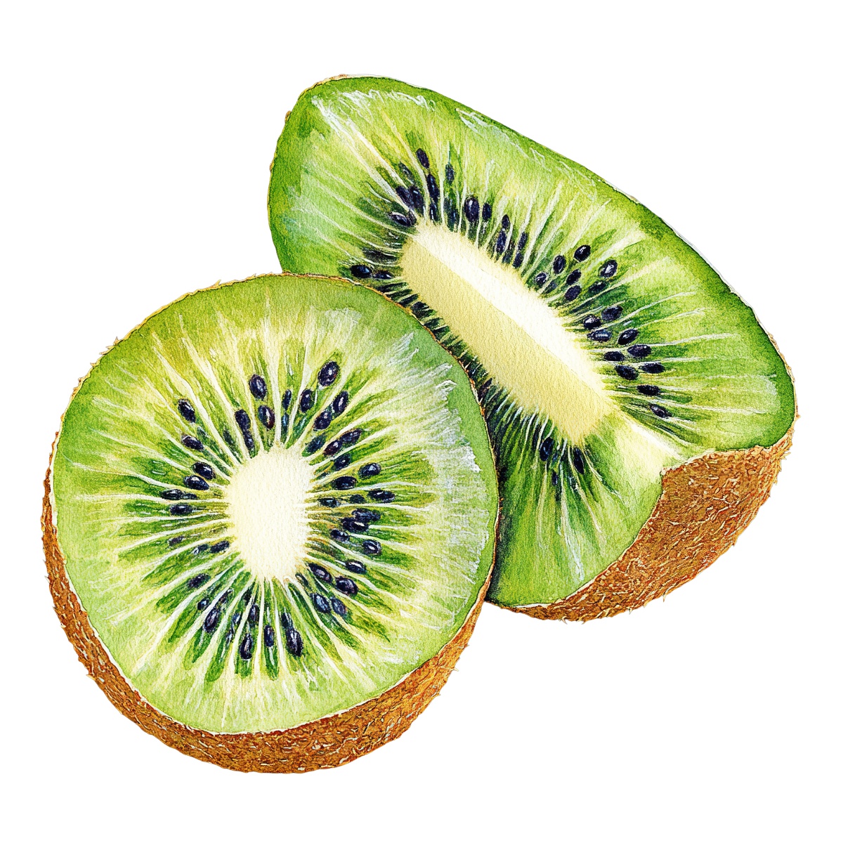 Sliced kiwi fruit showing green flesh and black seeds in detail.