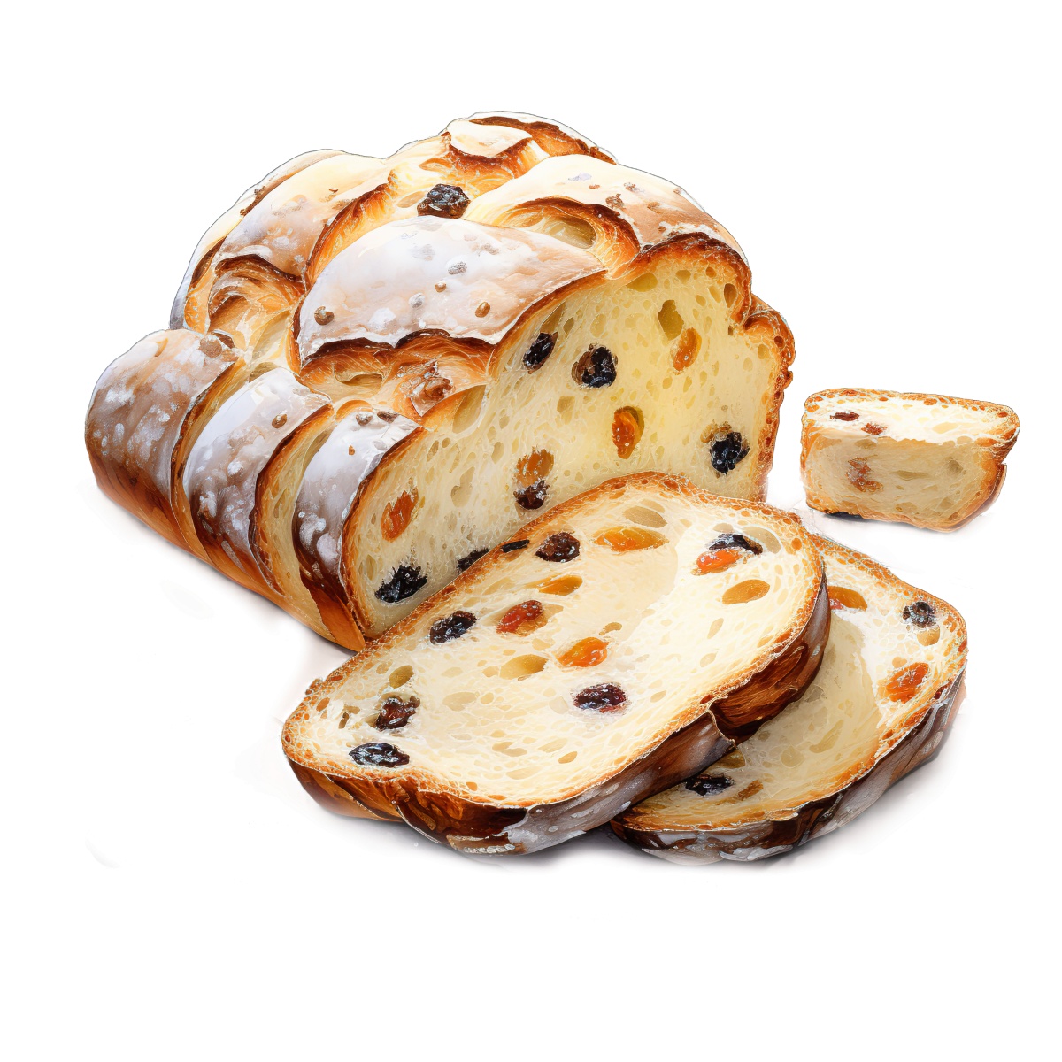 Sliced loaf of raisin bread with icing and visible fruit pieces.