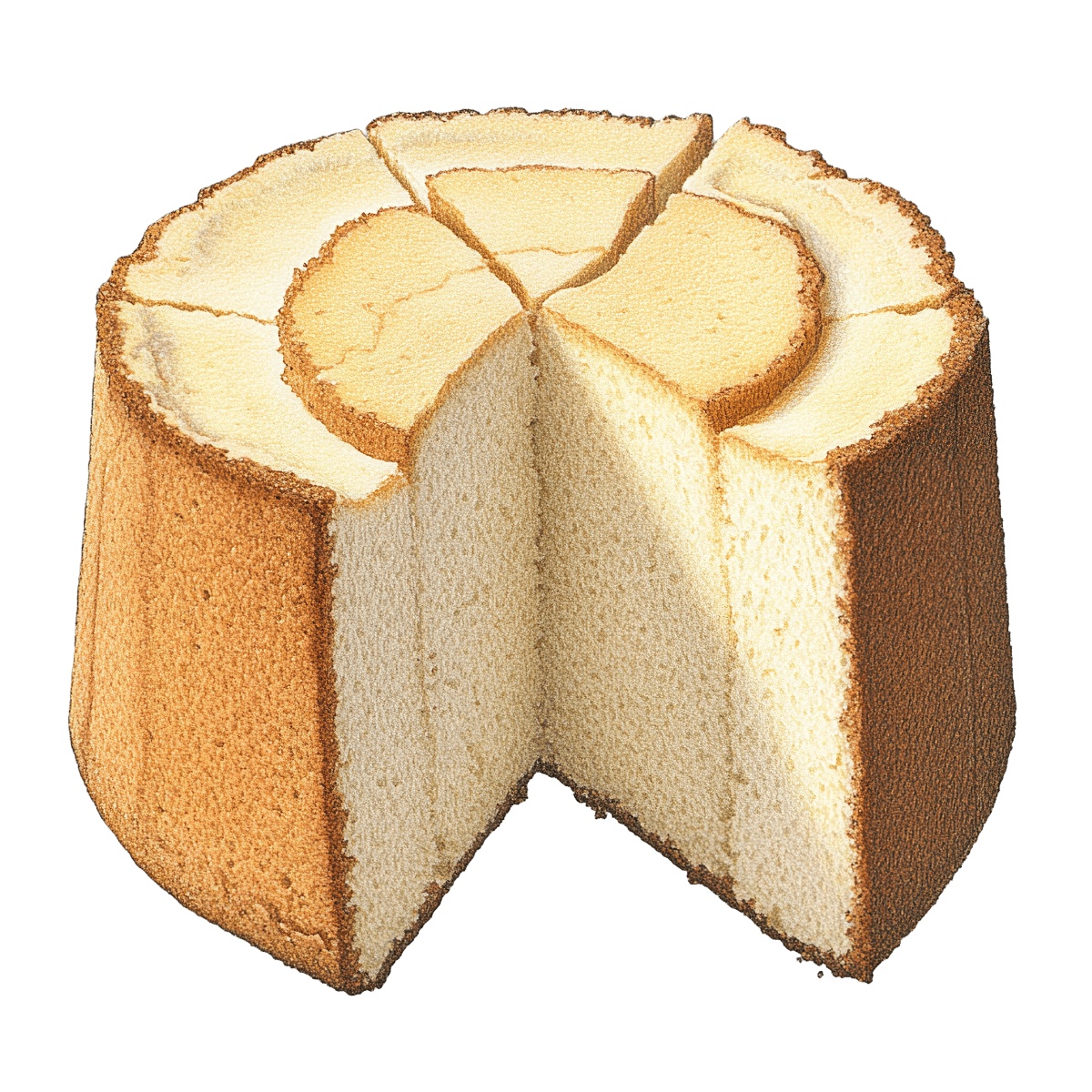 Sponge cake with a golden brown crust and slices removed.