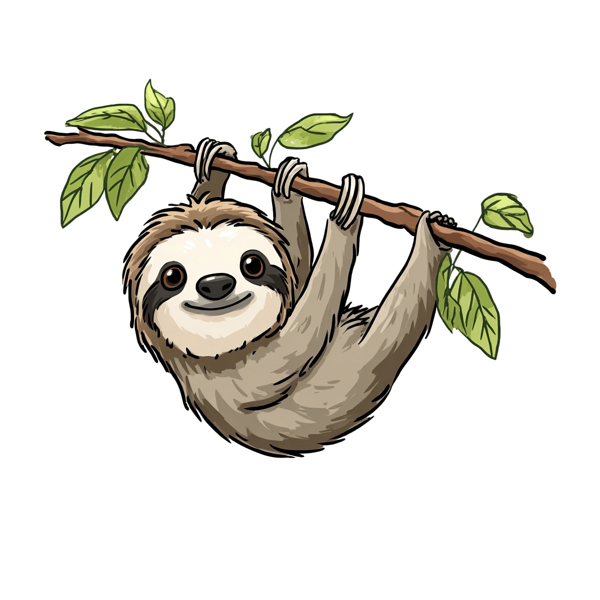 Sloth with tan fur hanging from a leafy branch on a plain background.
