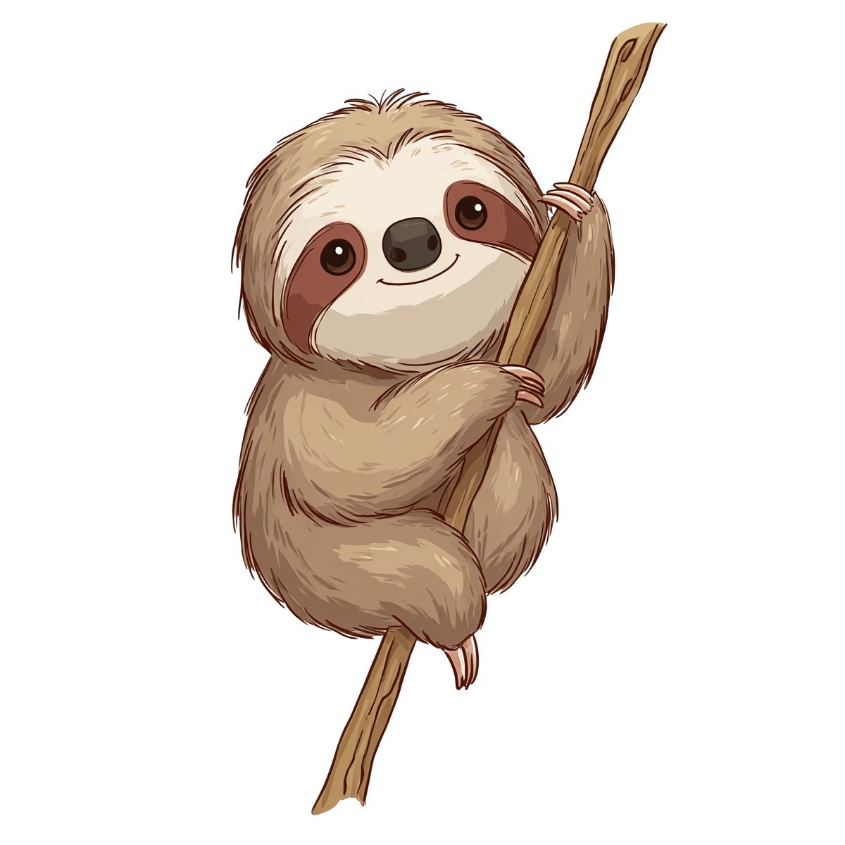 Sloth with brown fur hanging onto a branch, cartoon style.