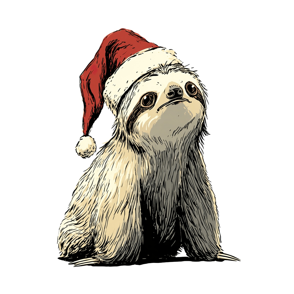 Sloth wearing a Santa hat, sketch style, isolated illustration.