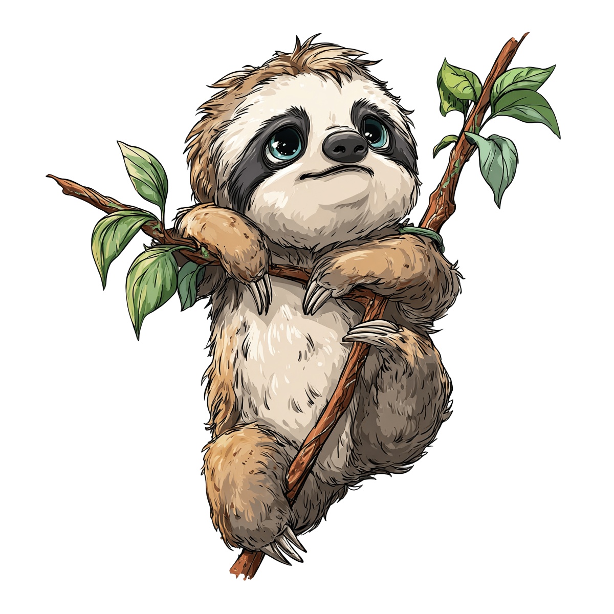 Sloth hanging on a branch with green leaves in vector style.