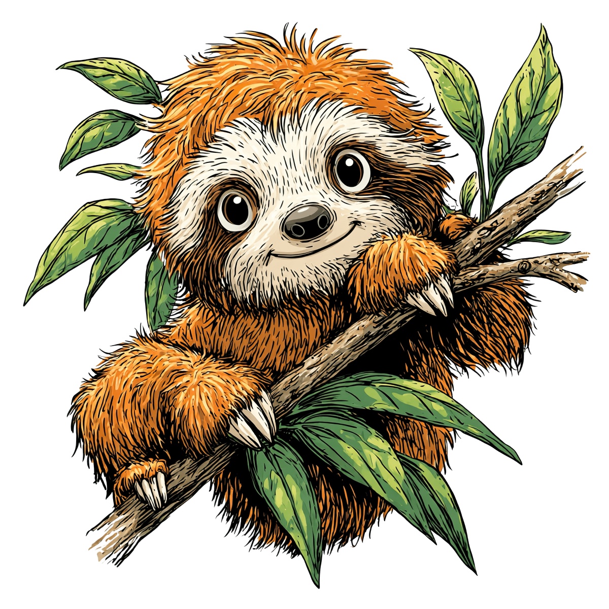 Sloth with orange fur and green leaves, perched on a branch.