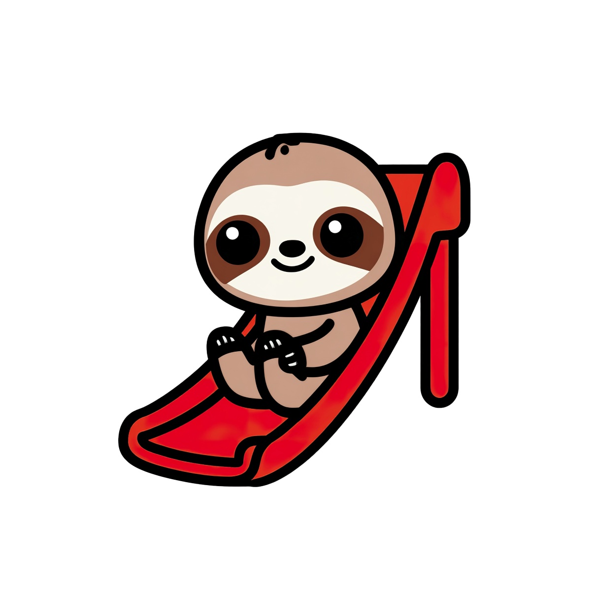 Sloth sitting on a bright red slide, cartoon style illustration.