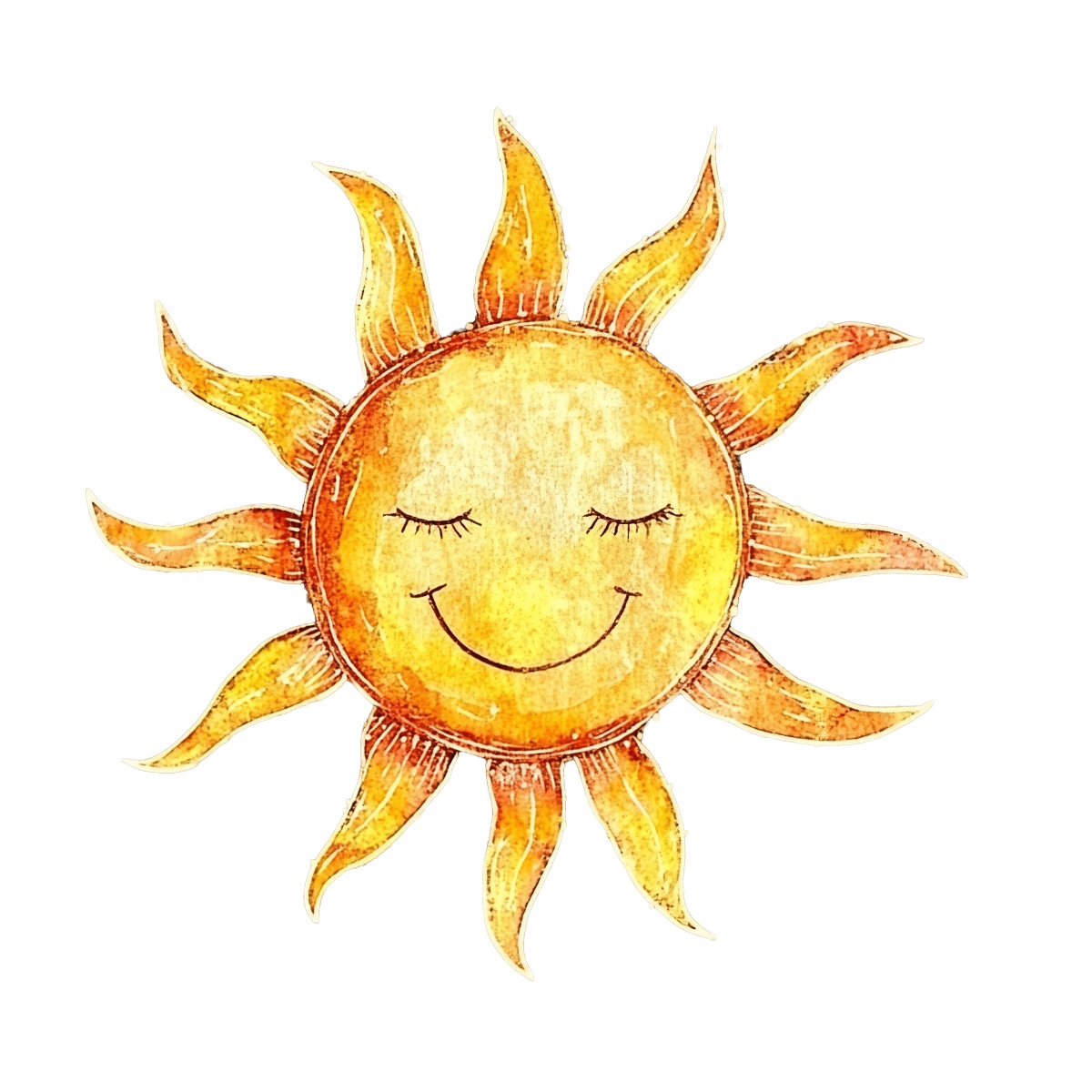 Yellow smiling sun with curved rays on a black background.