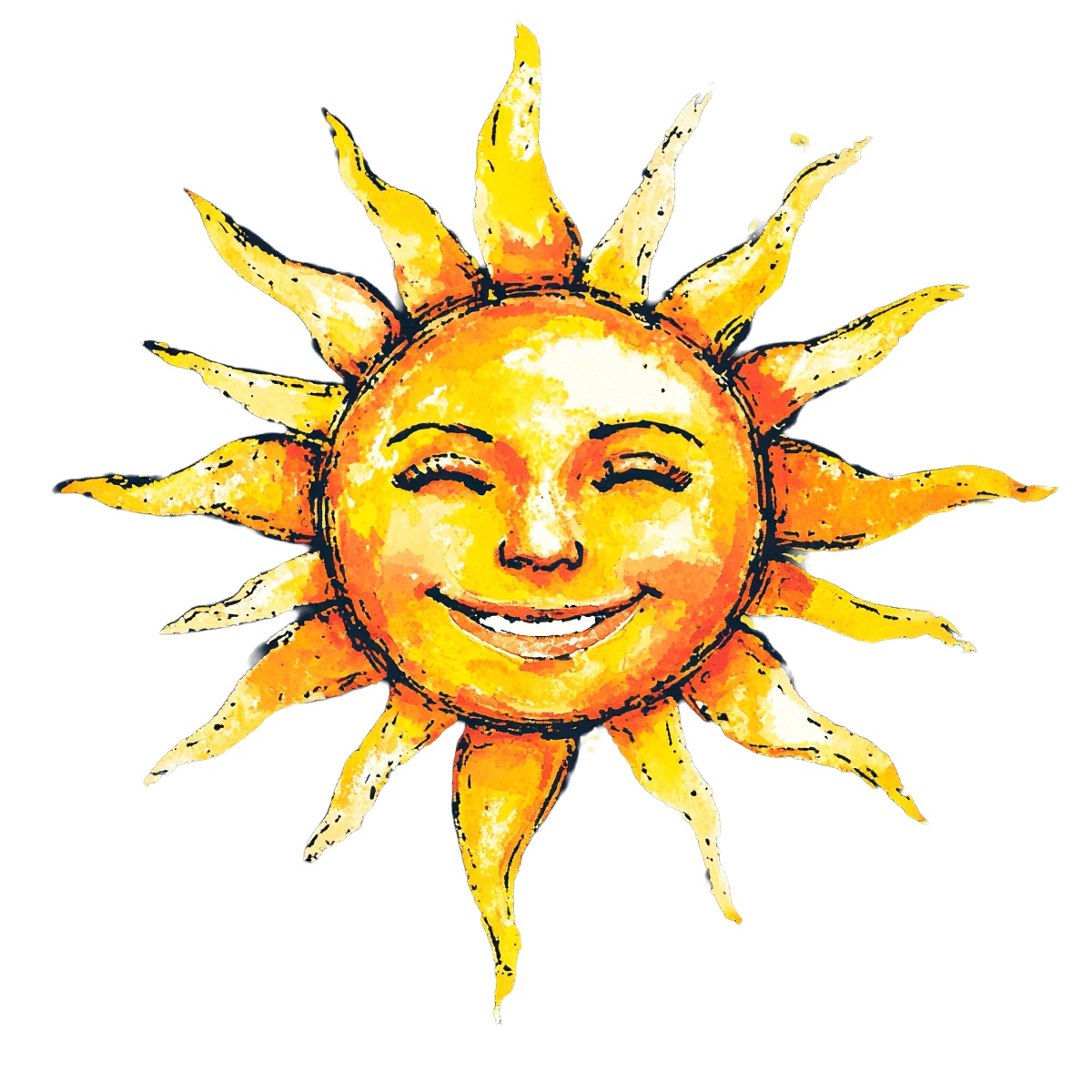 Smiling sun with vivid yellow and gold rays on a black background.
