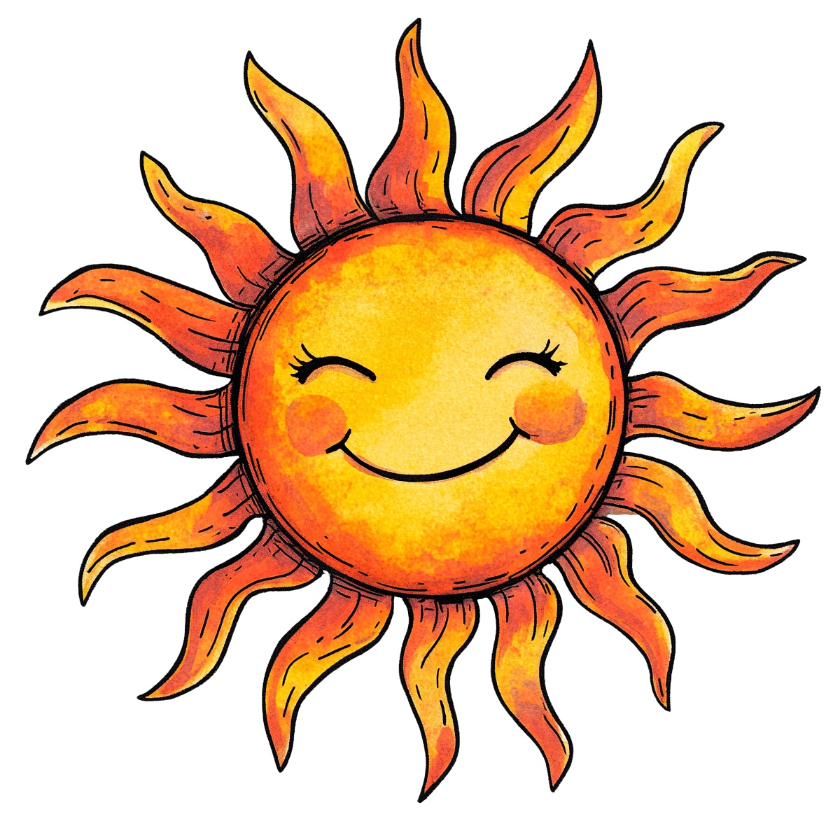 Sun illustration with a smiling face and vibrant orange flames.