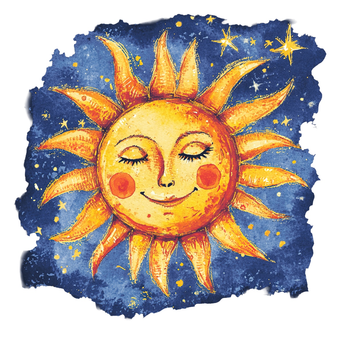 Sun with smiling face and rays set in a starry blue sky.