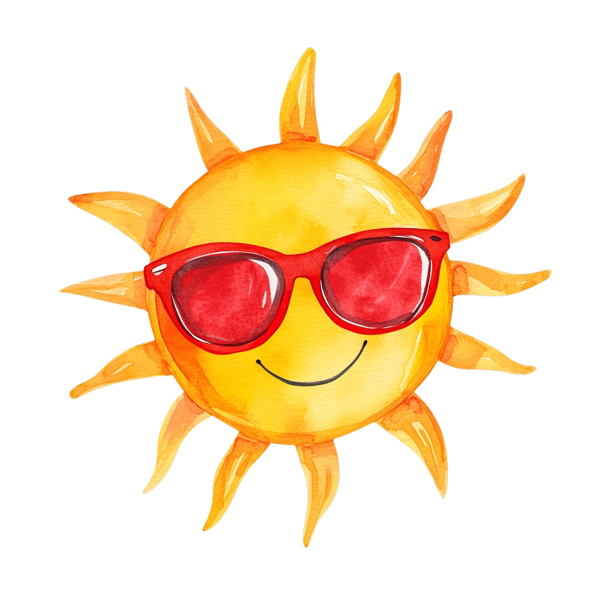 Bright cartoon sun wearing red sunglasses with a smiling expression.