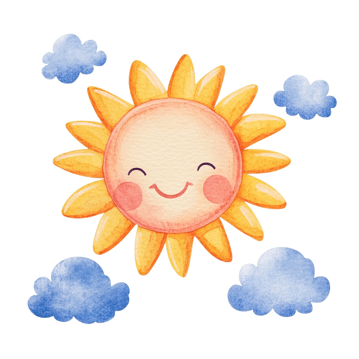 Sun with a smiling face and yellow rays surrounded by blue clouds.