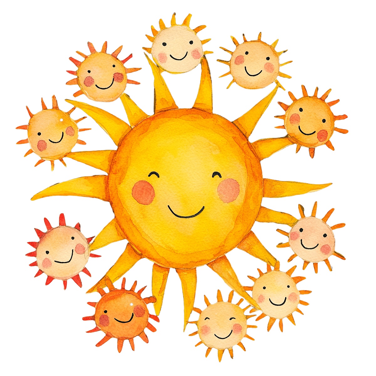 Smiling yellow sun with multiple faces in a watercolor illustration style.