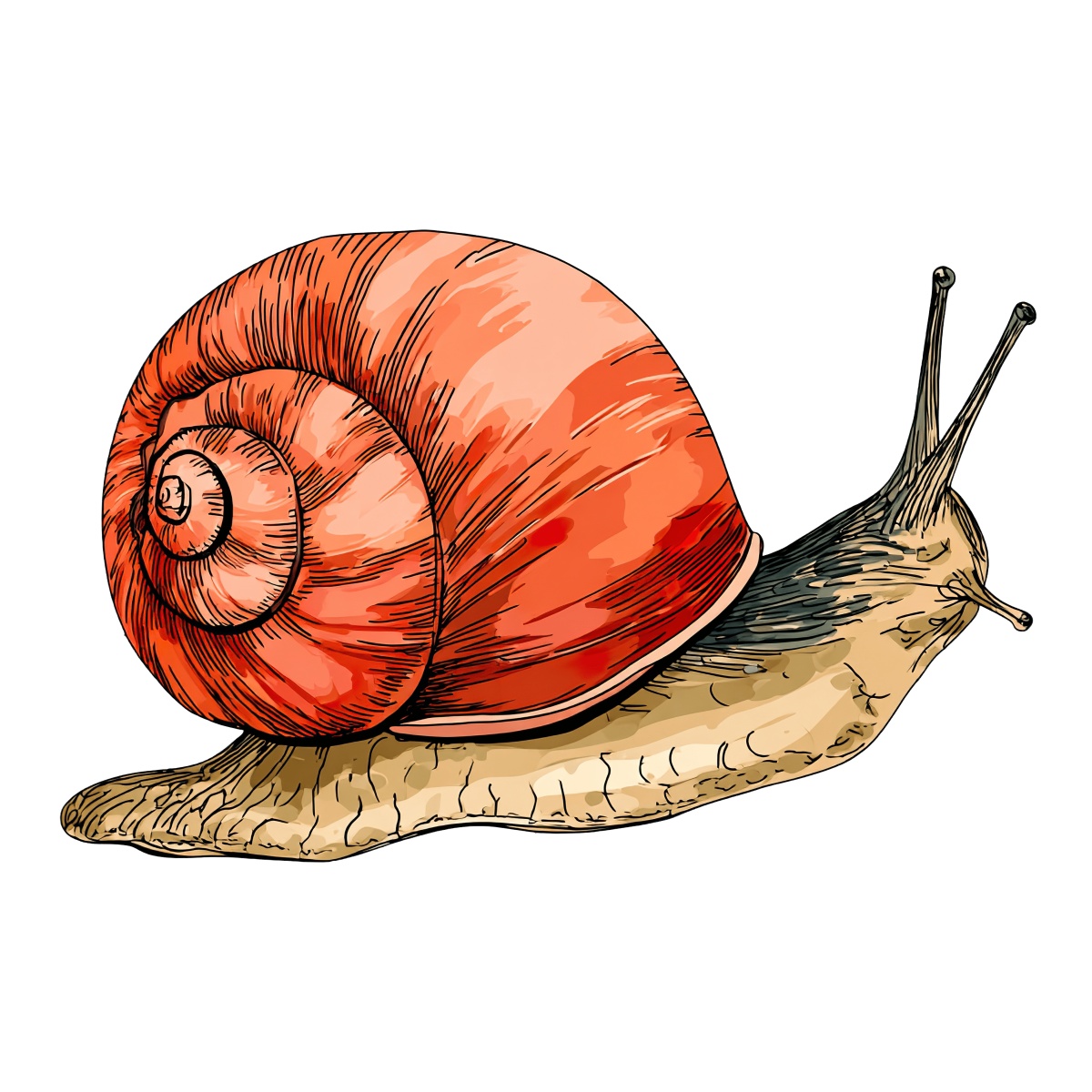 Snail with an orange spiraled shell and beige body, detailed illustration.