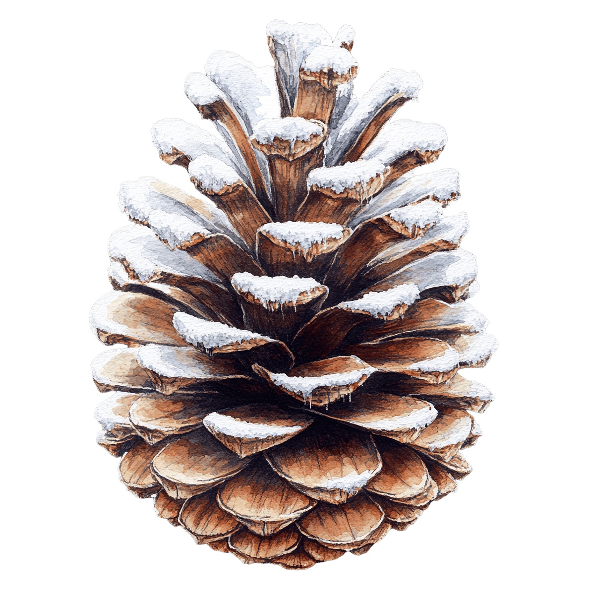 Pine cone illustration with snow on scales, showing detailed texture.