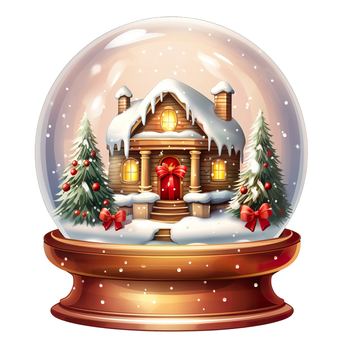 Snow globe depicting a festive cabin with snow and decorated evergreen trees.